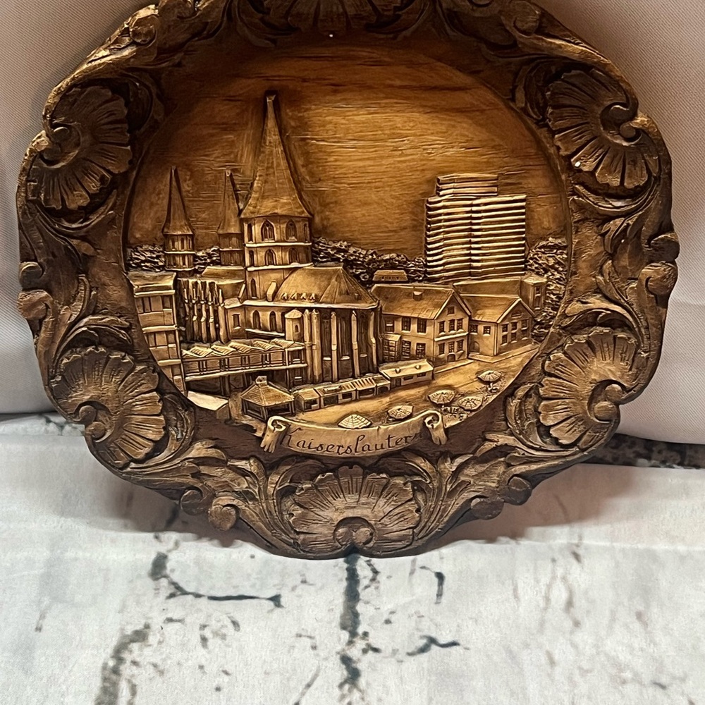 Vintage German Ornate Recin Wood Cityscape Wall‎ Plate